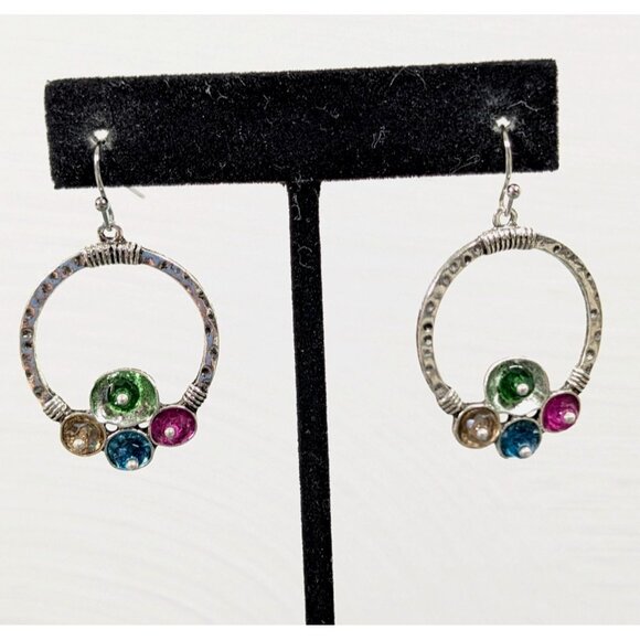 Unbranded Jewelry - Boho Hoop Earrings Silver Tone Multicolor Dangle Drop Festival Hammered